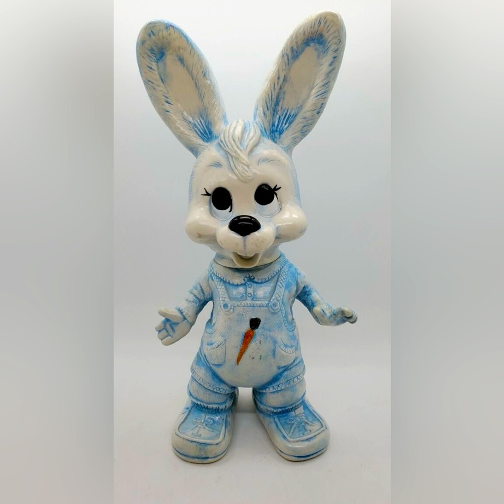 Vintage Creative Products Overalls Bunny Rabbit Blue Plastic Piggy Bank 1977